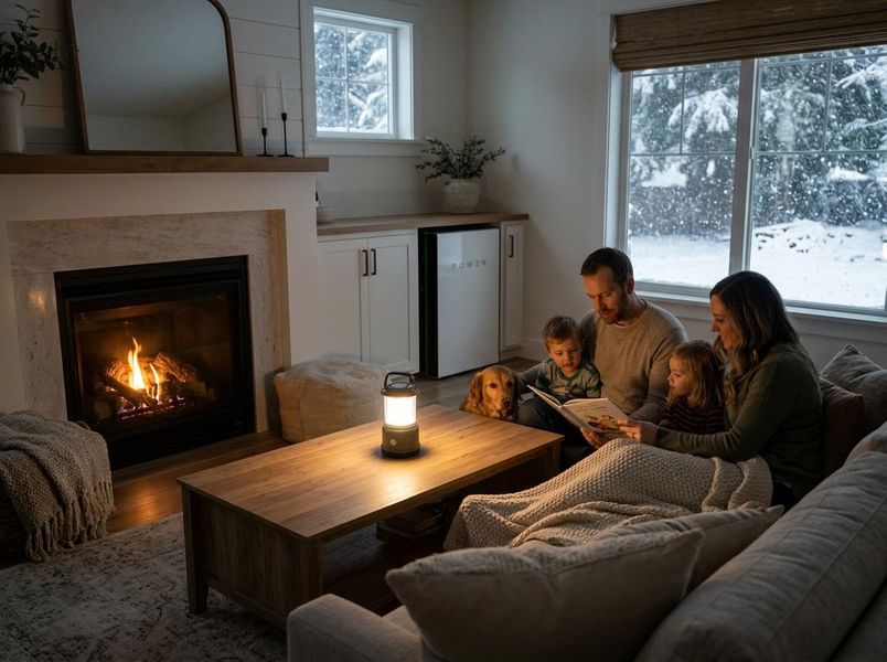 Family reading by lantern and fireplace with a dog on a snowy evening