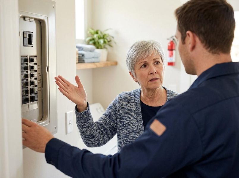 Senior Woman Discussing Electrical Problem with Electrician