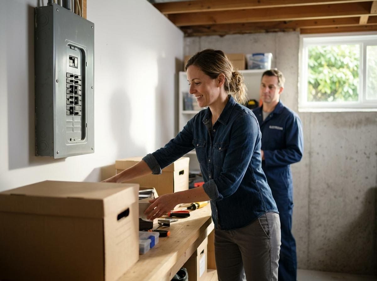 Woman Organizing Basement Workbench with Electrician