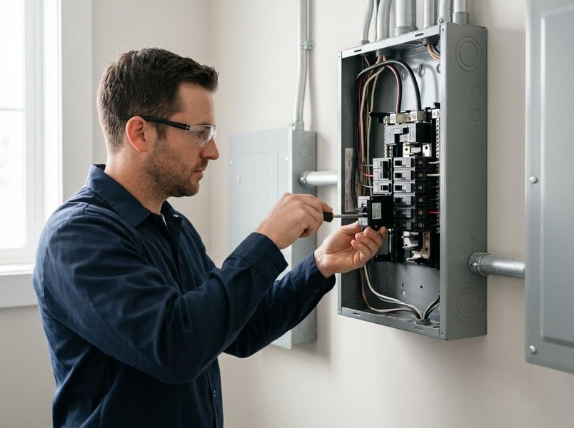 Electrician Working on Circuit Breaker Panel