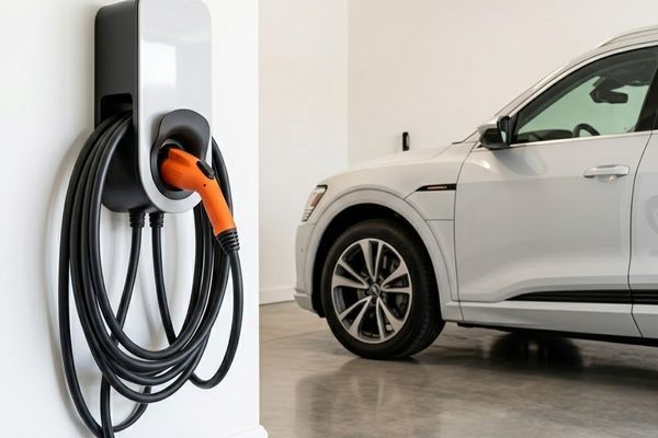 EV charger on wall next to an electrical vehicle