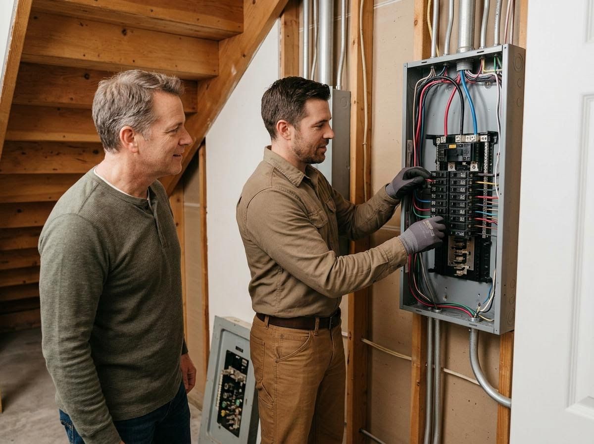 Electrician working on home electrical panel with client