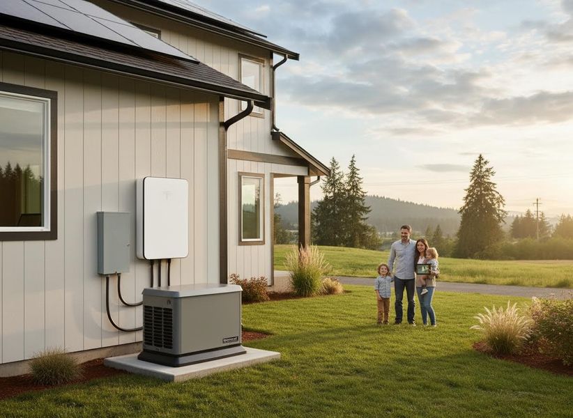 Family with Solar Panels, Battery Storage, and Generator on their Home