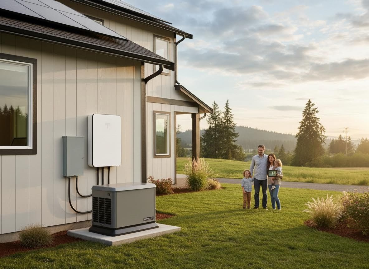 Family with Solar Panels, Battery Storage, and Generator on their Home