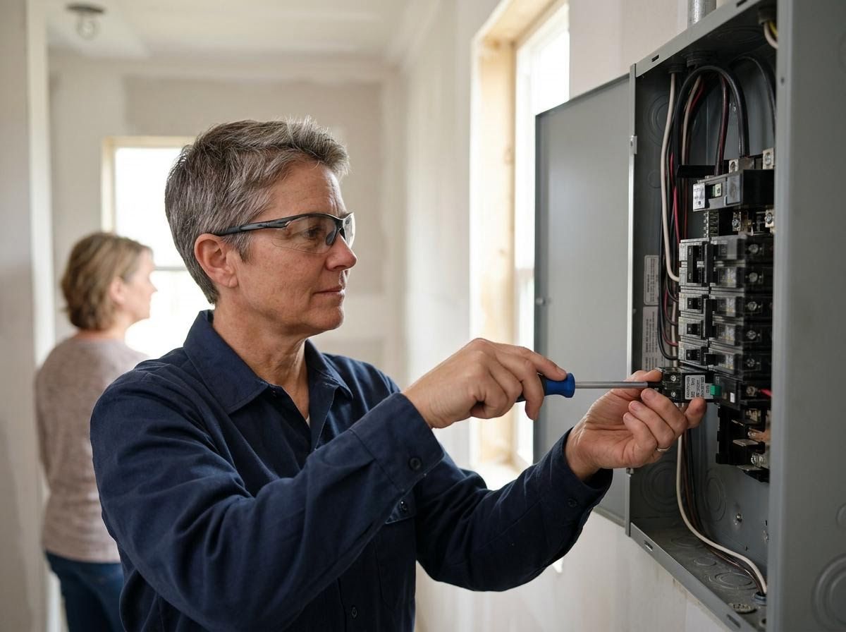 Female Electrician Working on Home Electrical Panel