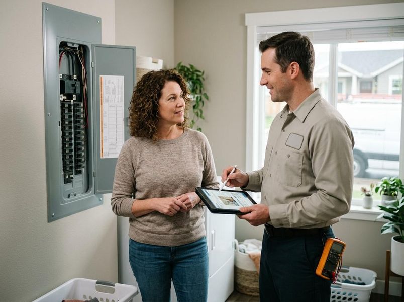 Electrician and Homeowner Reviewing Electrical Panel on Tablet