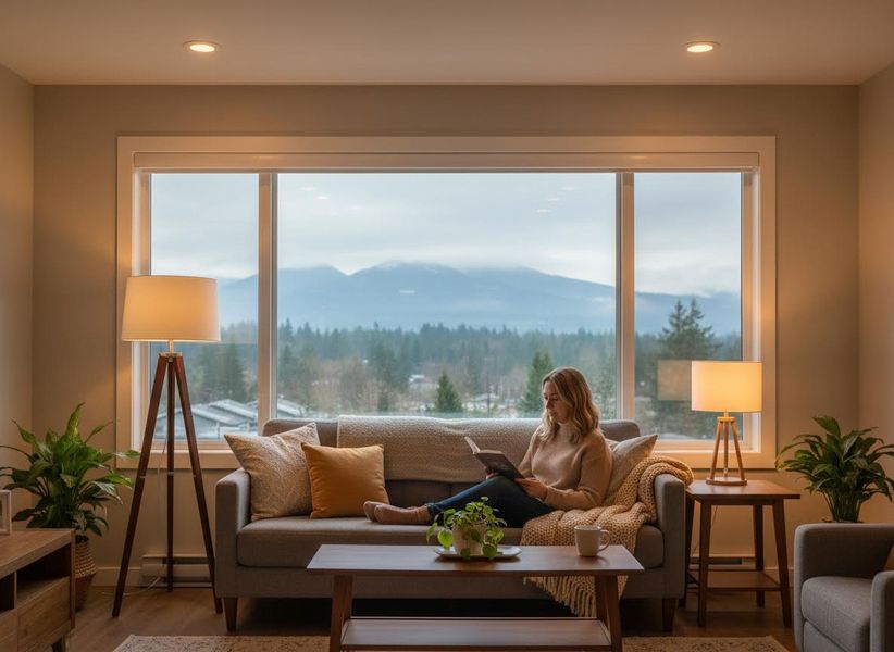 Woman Reading on Sofa with Mountain View