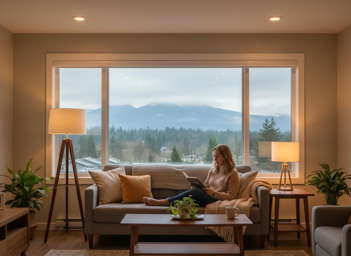 Woman Reading on Sofa with Mountain View