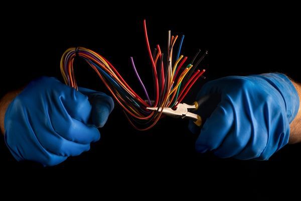 a gloved electrician holding pliers and electrical wires