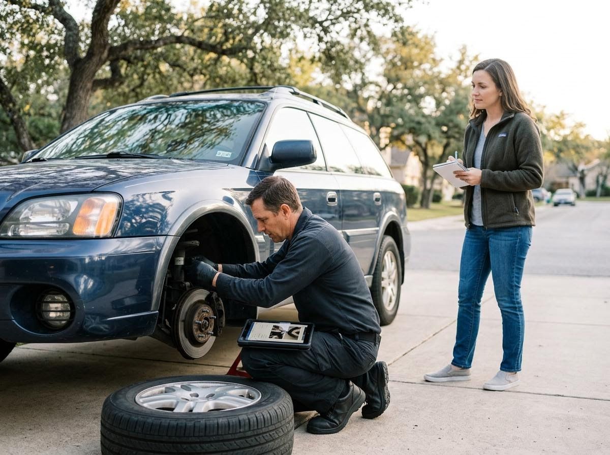 Mobile mechanic repairs car wheel while customer takes notes
