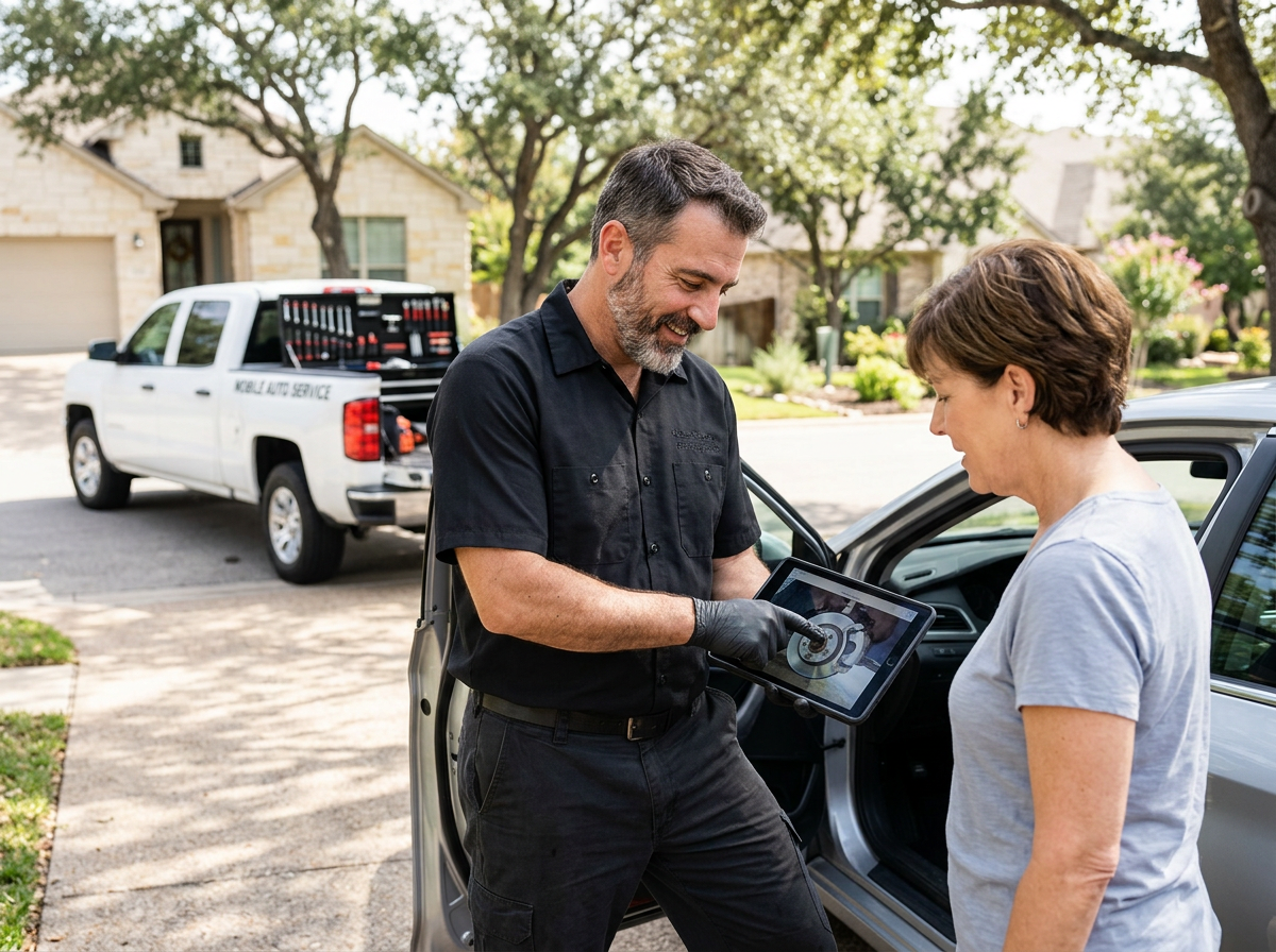 A smiling mobile auto technician in a black uniform shows a car part on a tablet to a female customer beside her car. A mobile service truck is in the background. Mobile Auto Mechanic Explaining Service to Customer