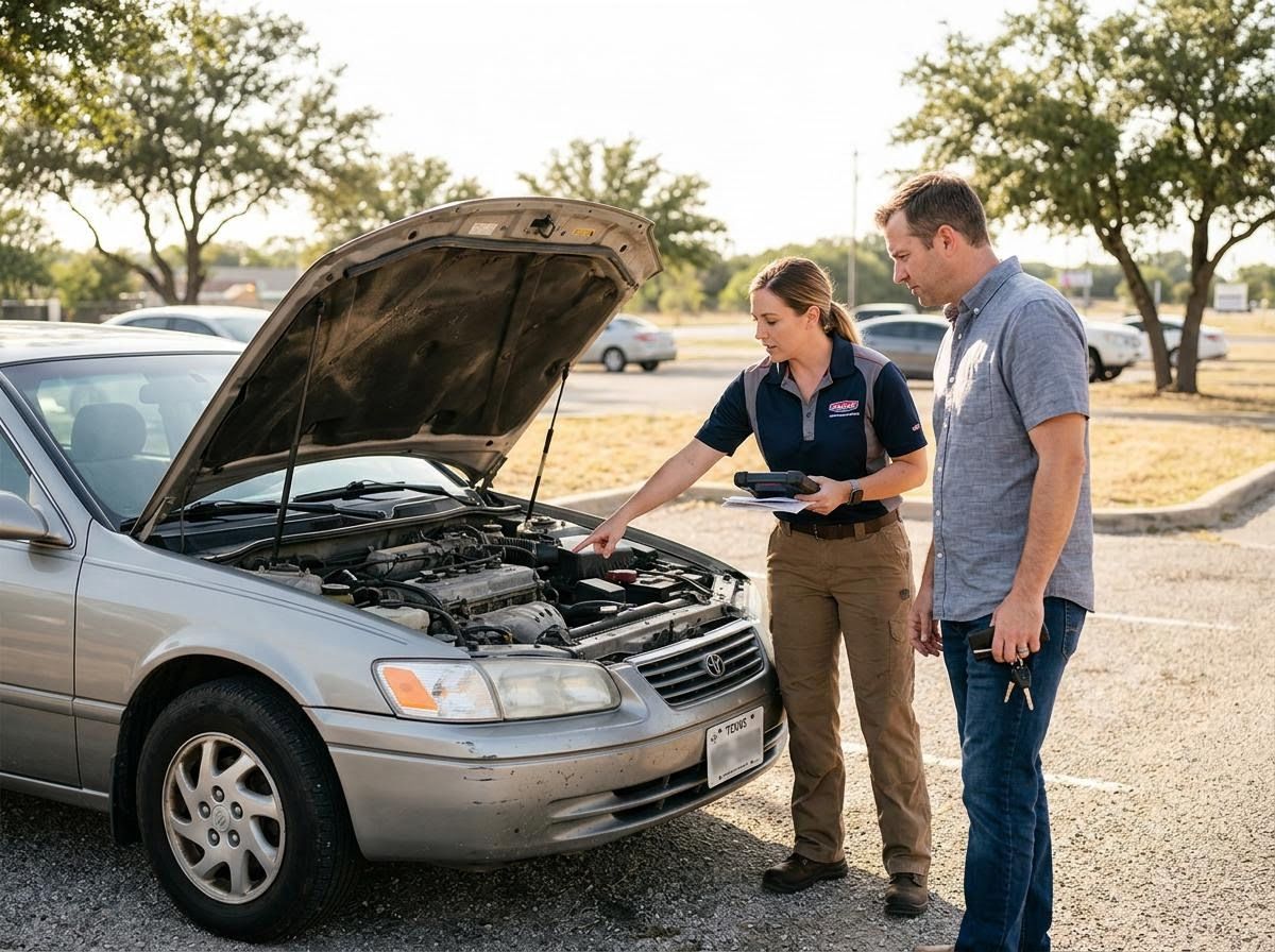 Female mechanic explains car issue to customer
