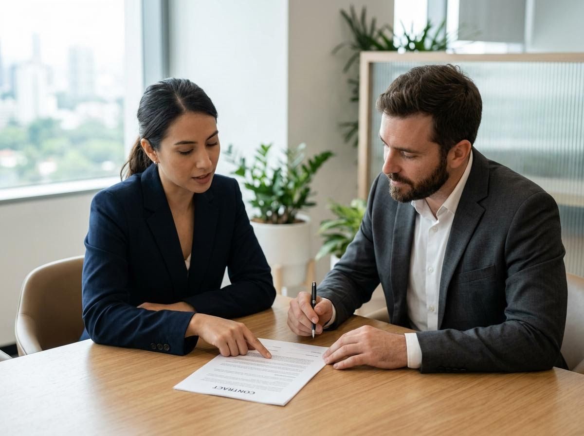 Business professionals reviewing and signing a contract