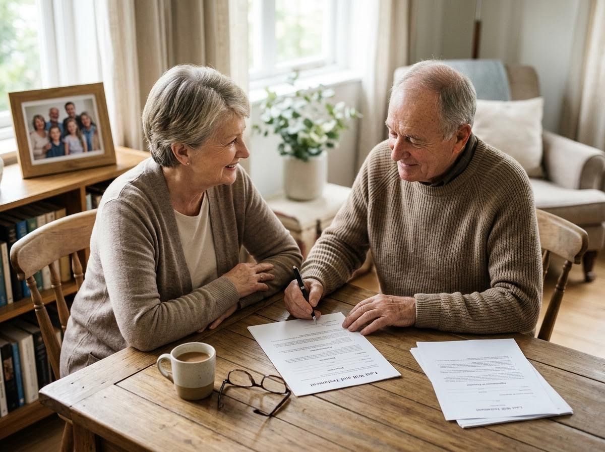 Senior couple signing Last Will and Testament at home