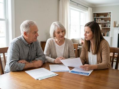 An elderly couple sits at a wooden table, listening attentively to a younger female advisor explaining legal or financial documents. Senior Couple Discussing Documents with Advisor