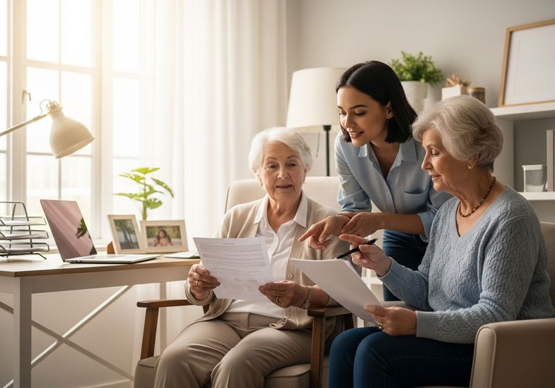 Two senior women reviewing documents with a younger woman