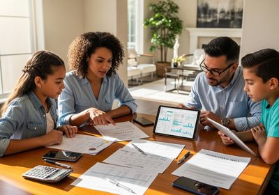 Family reviewing financial documents at table
