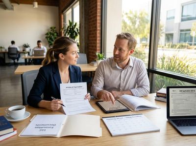 Two business professionals, a woman holding 'Articles of Organization' and a man pointing at a tablet, discuss LLC formation documents. Business Professionals Discussing LLC Formation