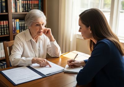 Senior woman reviewing a contract with a lawyer