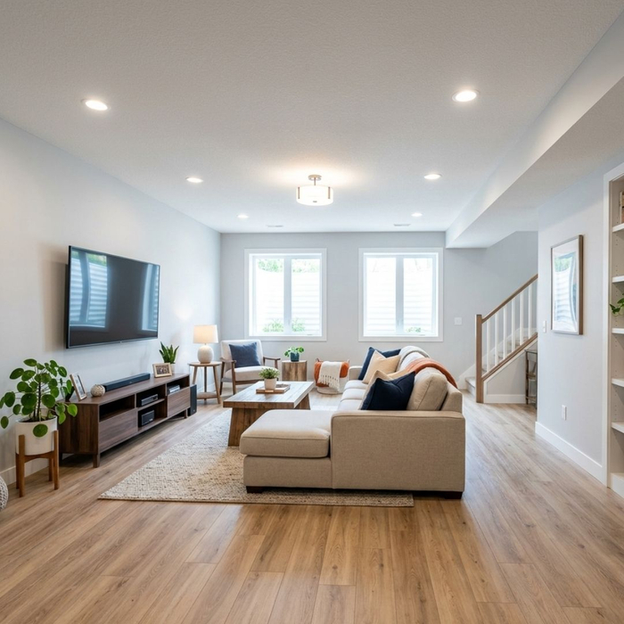 A bright and beautifully finished basement showcasing straight walls and level floors after a structural stabilization.