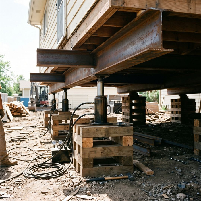 Hydraulic jacking system positioned under steel beams beneath a lifted home.
