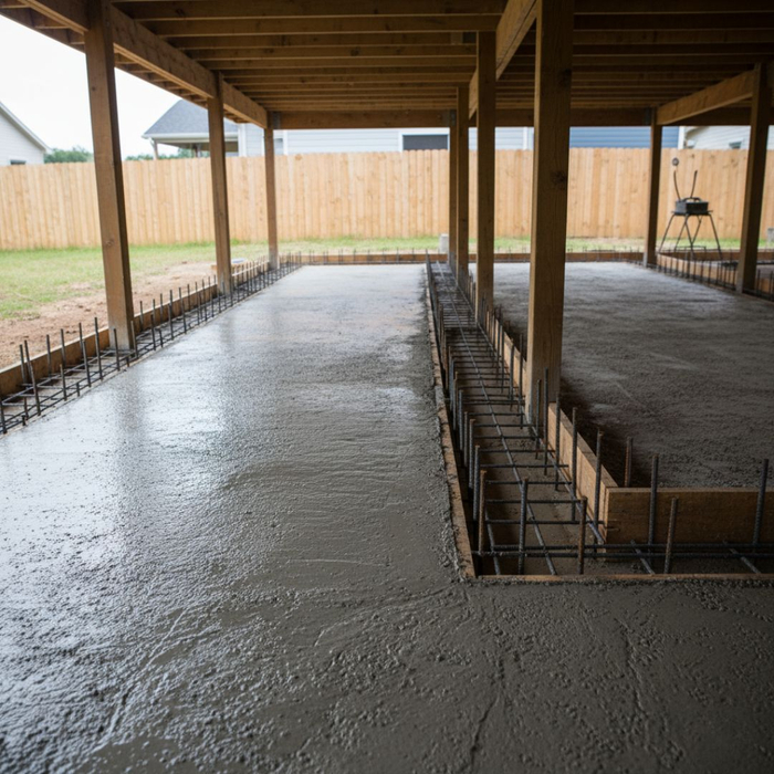 Wet concrete is being poured into forms with rebar, forming a new foundation under a raised house. Wet concrete is being poured into forms with rebar, forming a new foundation under a raised house.