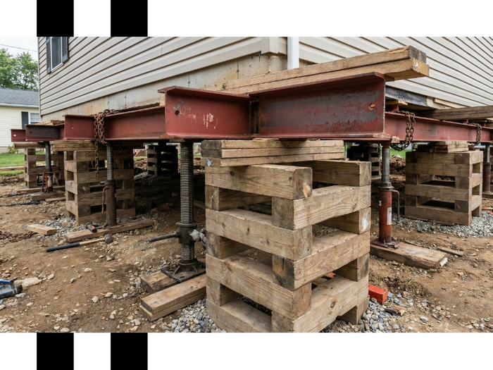 Close-up of materials lifting a house