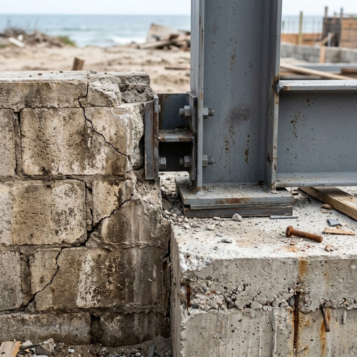 an existing, original, messy coastal foundation and initial structural steel placement that transitions from a segment of old, cracked masonry block wall transitioning into a rough, exposed concrete slab edge