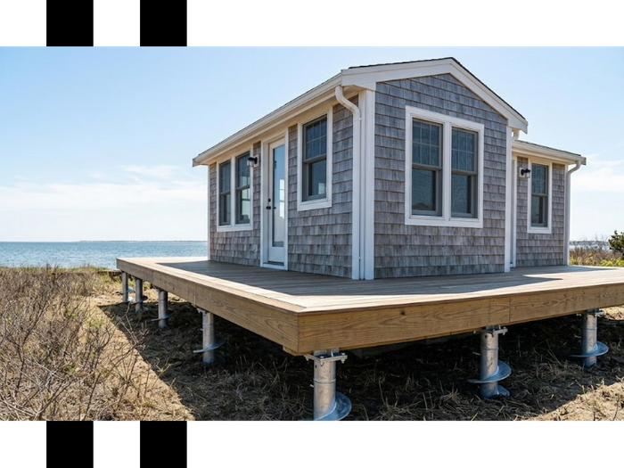 a finished timber deck attached to a weathered cedar coastal home with multiple heavy-duty galvanized steel helical pilesfirmly anchoring the entire structure into the stable coastal earth
