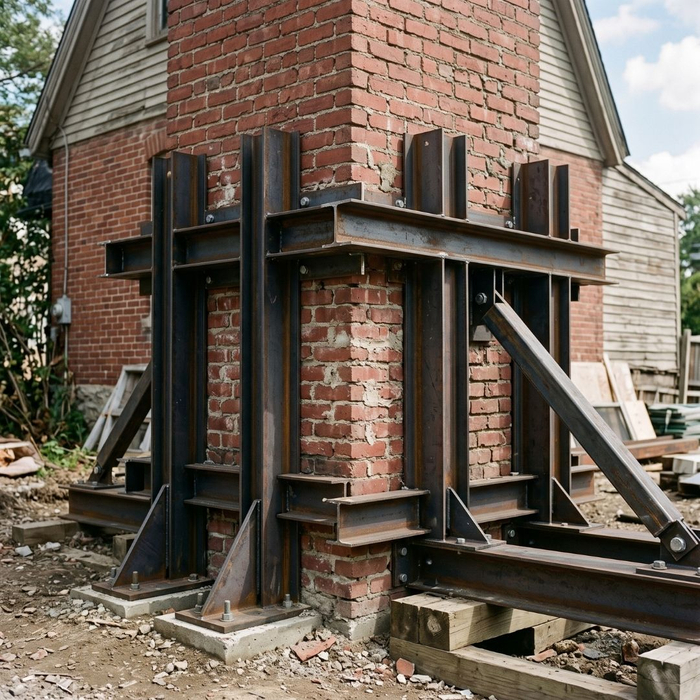 Heavy red brick chimney reinforced with steel shoring beams during a house lift.