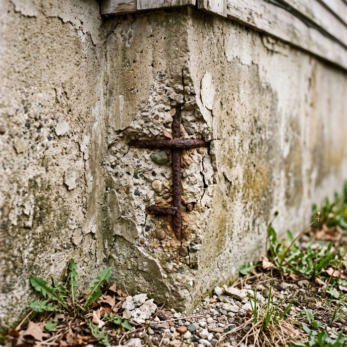 Concrete foundation spalling with exposed rusted internal rebar.