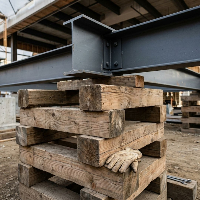 Heavy structural steel beams and wooden cribbing blocks.