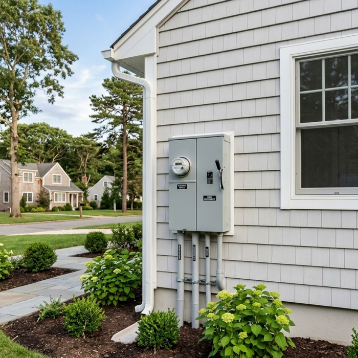 A flawless, modern utility connection panel safely attached to a freshly relocated and beautifully updated manufactured home.