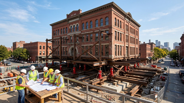 Historic building elevated on industrial steel beams during relocation.