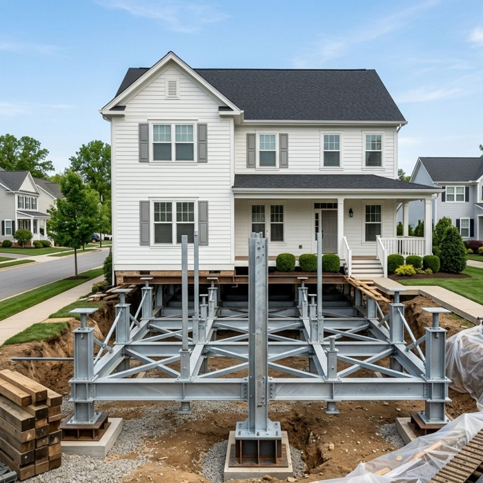 A newly stabilized residential property featuring perfectly organized and robust emergency shoring holding the home safely.