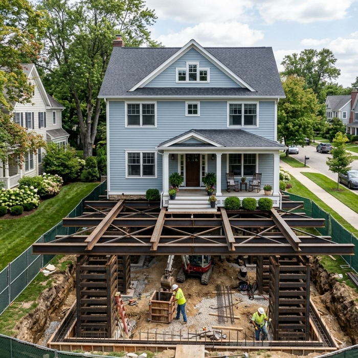 A beautifully maintained house safely elevated and perfectly balanced on professional steel cribbing for foundation work.