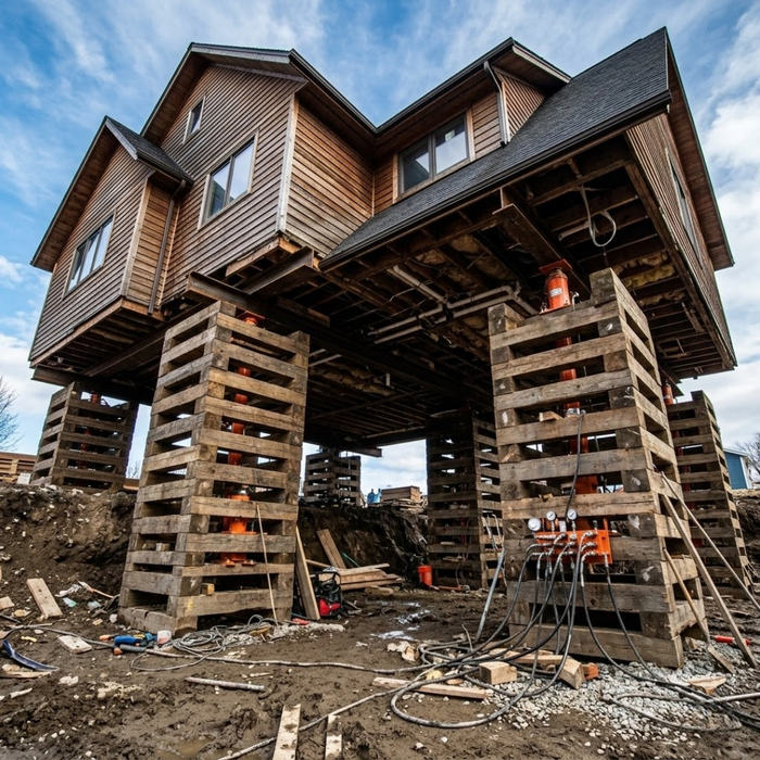 the immense open gap beneath a large residential house that is already elevated high—approximately 10 feet. It is securely held aloft by complex timber cribbing stacks and synchronized hydraulic jacks