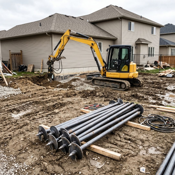 Steel helical piles prepared for deep foundation stabilization at a home.