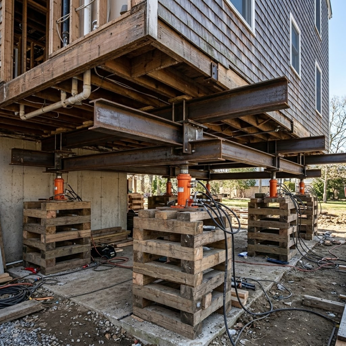 the dense network of heavy structural steel I-beams, synchronized hydraulic jacks, and temporary timber cribbing stacks installed directly beneath the belly of a large, complex, two-story Long Island home