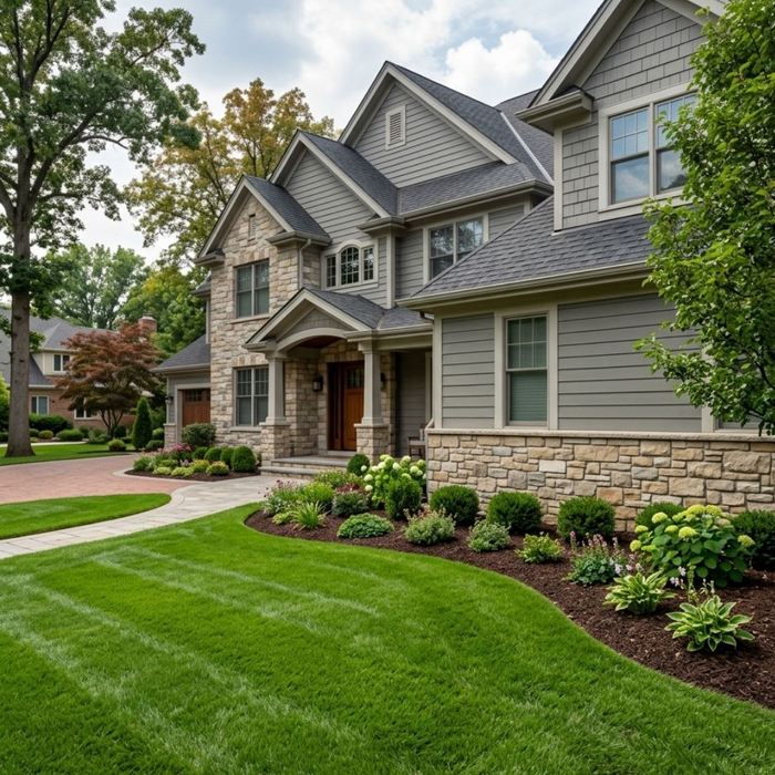 A beautifully manicured lawn perfectly meeting the newly repaired masonry foundation of a sturdy residential home.