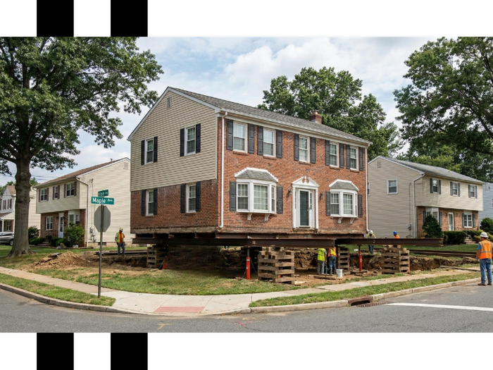 Suburban home being lifted