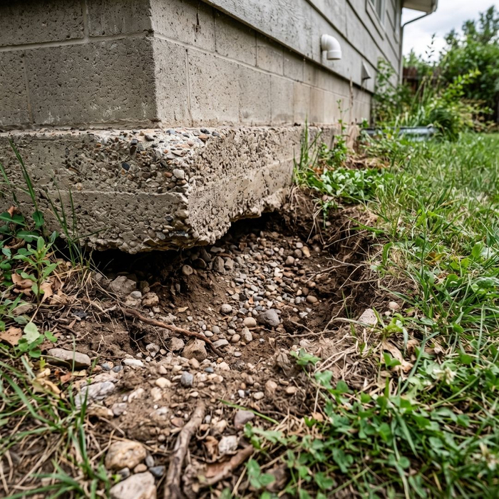 Soil washout exposing a house foundation footing on a coastal property.