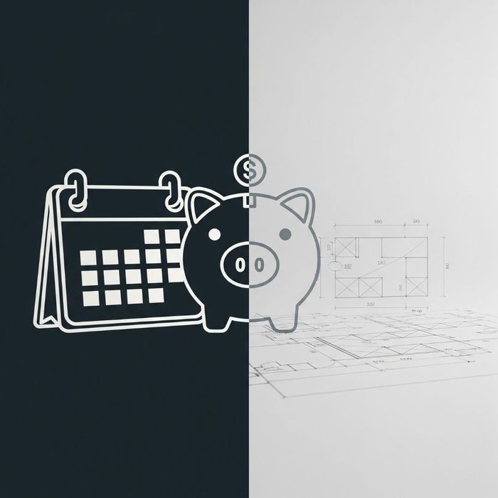 Stylized representation of a calendar and piggy bank alongside construction plans, symbolizing cost and timeline considerations