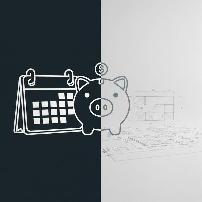 Stylized representation of a calendar and piggy bank alongside construction plans, symbolizing cost and timeline considerations Stylized representation of a calendar and piggy bank alongside construction plans, symbolizing cost and timeline considerations