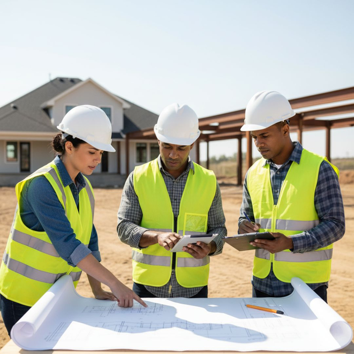 A diverse team of engineers in hard hats reviews blueprints on a job site. A diverse team of engineers in hard hats reviews blueprints on a job site.