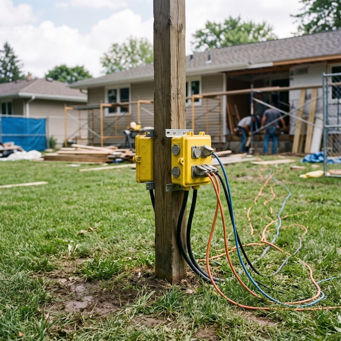 Temporary electrical panel box installed on a lawn for home elevation work.