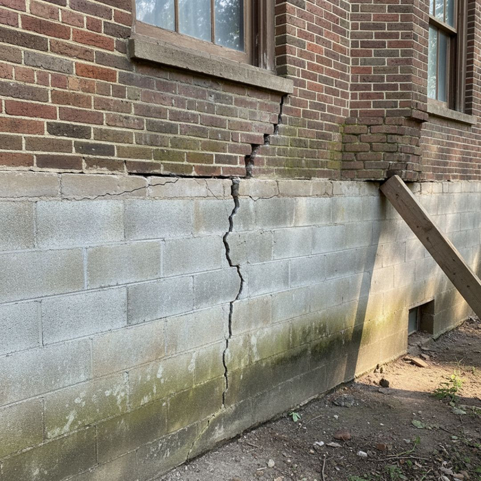 A large crack extends from the foundation up through the brick wall of an old building. A large crack extends from the foundation up through the brick wall of an old building.