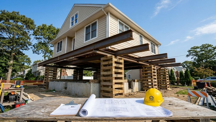 A Long Island home sits safely elevated on massive steel beams and timber cribbing stacks during a FEMA-compliant house lifting project