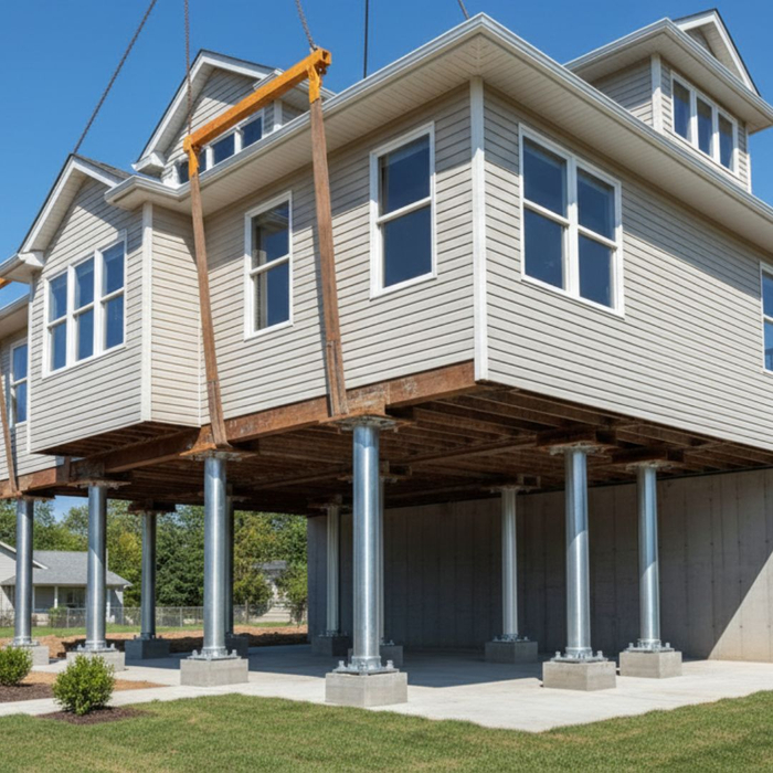 A newly stable house stands on a solid foundation with a clean, landscaped construction site. A newly stable house stands on a solid foundation with a clean, landscaped construction site.