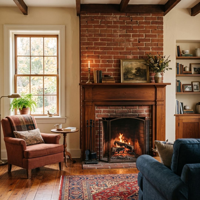 Intact red brick fireplace inside a historic home preserved after a structural lift.